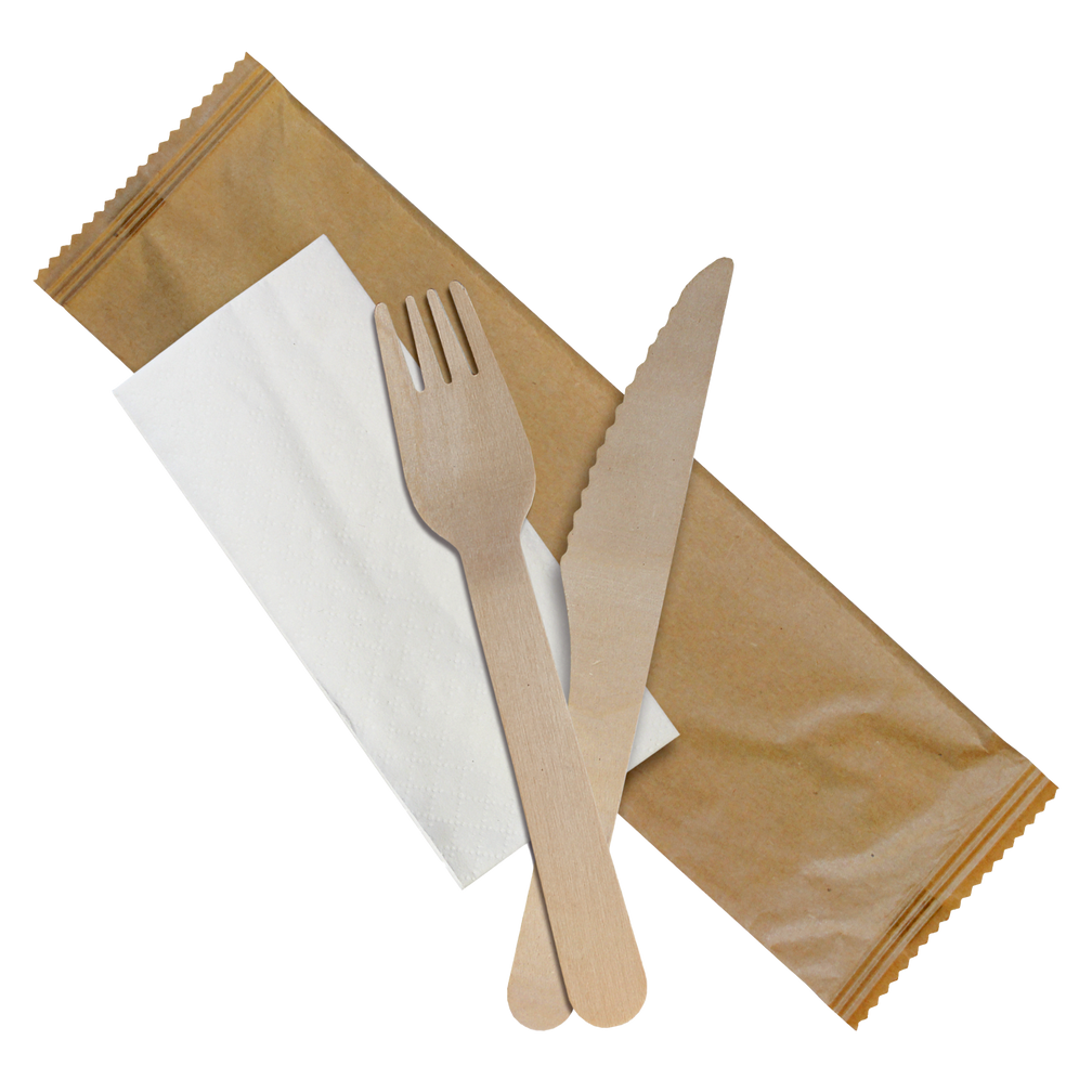 Herald Biodegradable Cutlery 250 Sets / Fork Knife Napkin Individually Wrapped Birchwood Cutlery 3 pack