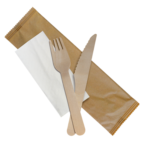 Herald Biodegradable Cutlery 250 Sets / Fork Knife Napkin Individually Wrapped Birchwood Cutlery 3 pack