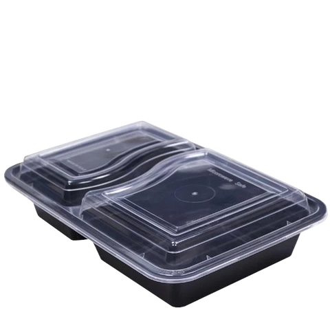 Herald Container 2 Compartment: _7.5oz + 12.5oz` / Clear Lids / 150 Containers Black Base Microwavable 2 Compartment